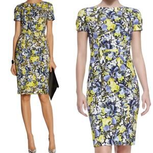 Erdem Joyce Dress Short Sleeve Sheath Boatneck Floral Print Yellow Blue 10